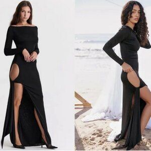 House of CB Black Long Sleeve Maxi Dress with Cut-Out Thigh Slit